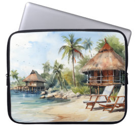 Capa Para Notebook CENA LATERAL DE PRAIA TROPICAL EM Aquarela