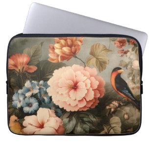 Capa Para Notebook Cena Vibrante de Flores e Pássaros Vintage