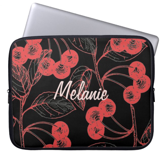 Capa Para Notebook Cerejas e Folhas Vermelhas em Preto Personalizado (Frente)
