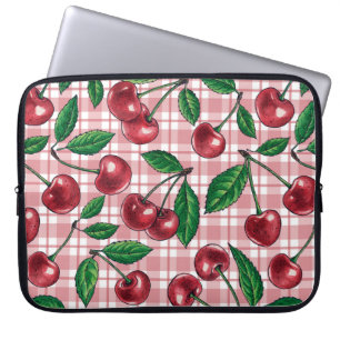 Capa Para Notebook Cerejas vermelhas em gingham rosa