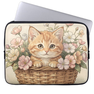 Capa Para Notebook Cesto de Flores com Doce Gatinho Ruivo
