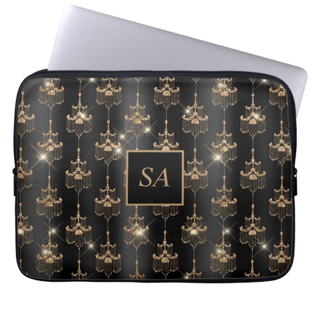 Capa Para Notebook Chandelier Preto Dourado Chic Monograma (Frente)