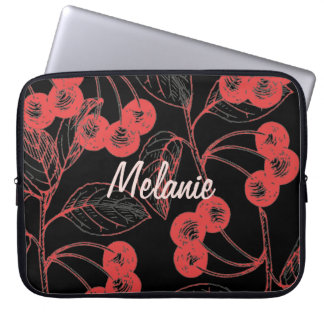 Capa Para Notebook Cherries and Leaves Red on Black Personalised