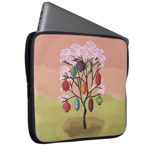Capa Para Notebook Cherry Blossom com lanternas de papel orientais (Frente Esquerda)