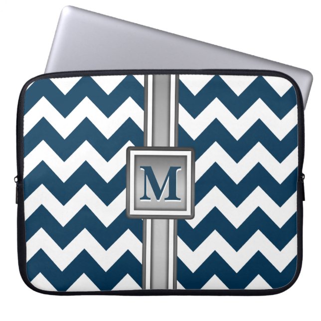 Capa Para Notebook Chevron com Cinza Branca Azul Moderno, Monograma (Frente)