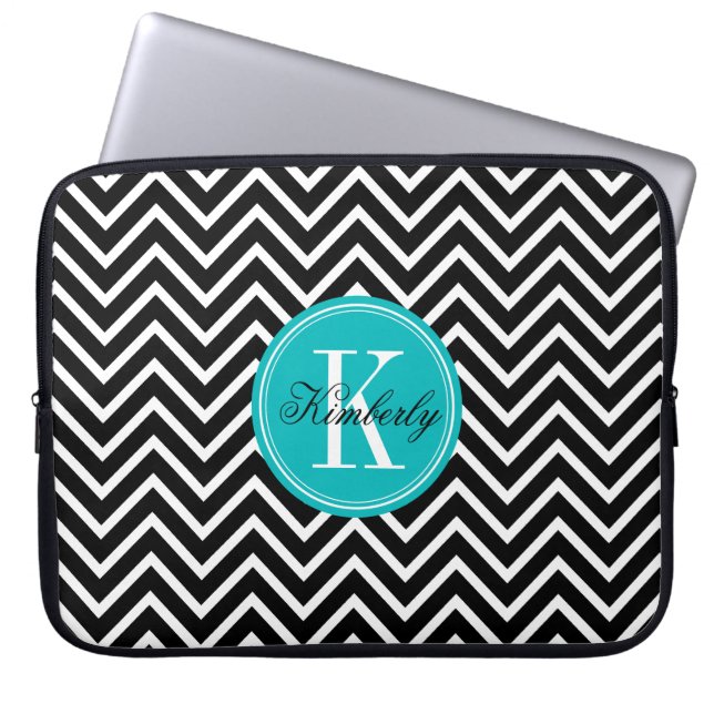 Capa Para Notebook Chevron preto e branco com monograma da cerceta (Frente)