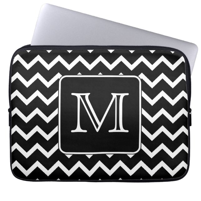 Capa Para Notebook Chevron preto e branco com monograma feito sob (Frente)