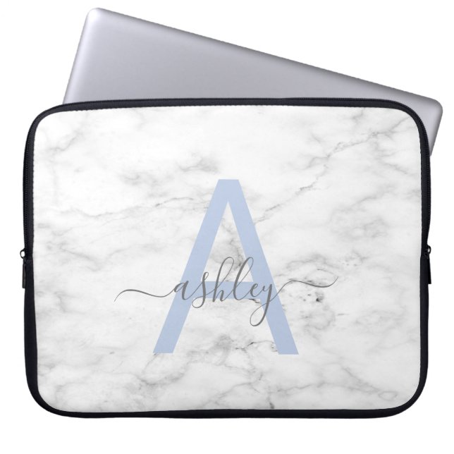 Capa Para Notebook Chic French Blue White Marble Script Nome Monogram (Frente)