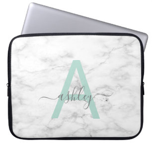 Capa Para Notebook Chic Neo Mint White Marble Script Name Monograma