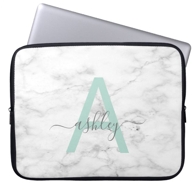 Capa Para Notebook Chic Neo Mint White Marble Script Name Monograma (Frente)