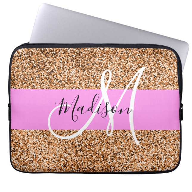 Capa Para Notebook Chic Pink & Pumpkin Glitter Sparkles Nome do Monog (Frente)