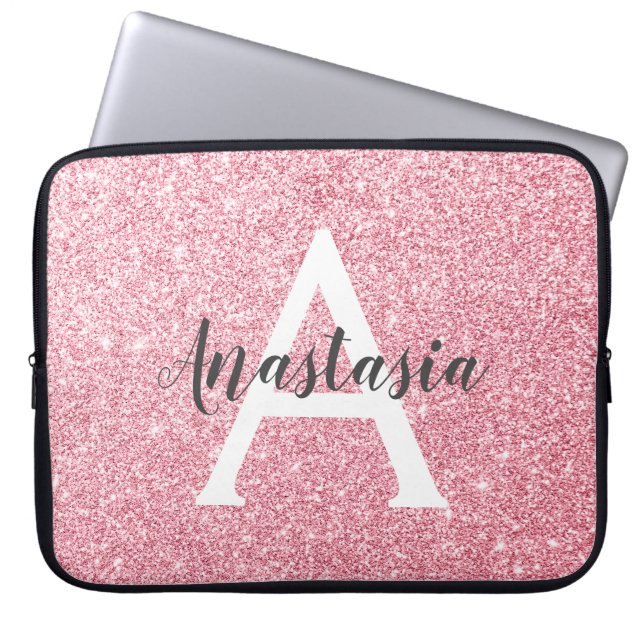 Capa Para Notebook Chic & Tendência Rosa Dourado Brilho Faíscas Monog (Frente)