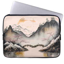 Capa Para Notebook Chinês Watercolor, rio de inverno e montanhas