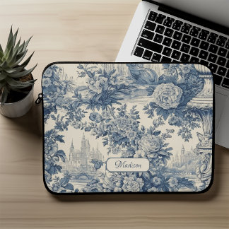 Capa Para Notebook Chique floral vintage monograma azul toile de jouy