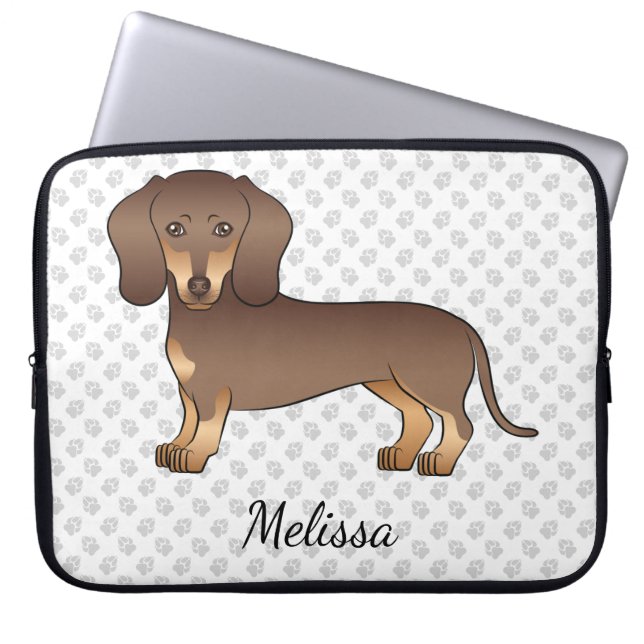 Capa Para Notebook Chocolate E Marrom Pelo Curto Dachshund & Nome (Frente)
