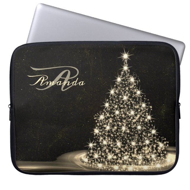 Capa Para Notebook Christmas Monogram Golden Shiny Tree Winter Black (Frente)