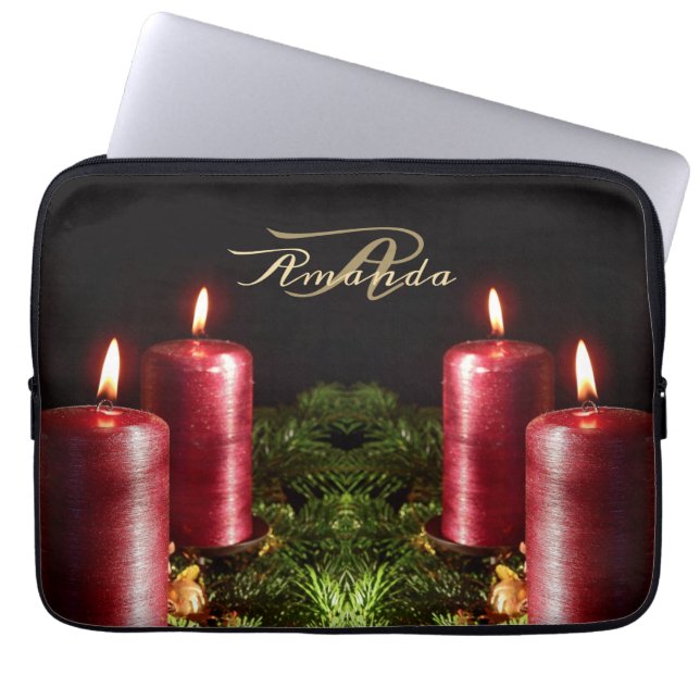 Capa Para Notebook Christmas Monogram Red Candles Winter Holidays (Frente)