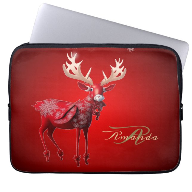 Capa Para Notebook Christmas Monogram Red Reindeer Winter Holidays (Frente)