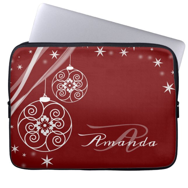 Capa Para Notebook Christmas Monogram White Ornaments Red Elegant (Frente)