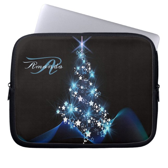 Capa Para Notebook Christmas Party Blue Tree Shiny Black Elegant (Frente)