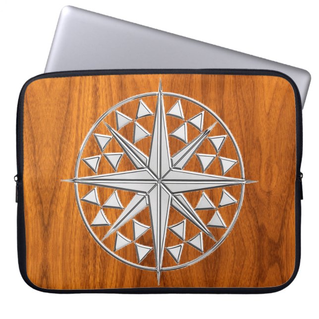 Capa Para Notebook Chrome Like Nautical Compass on Teak Veneer Decor (Frente)