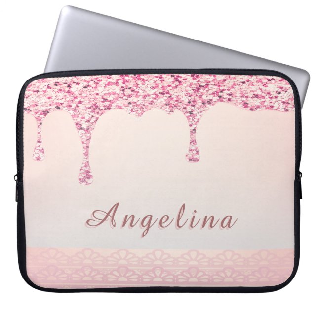 Capa Para Notebook Chuveiro de Noiva Elegante Rosa Glam Glitter Renda (Frente)