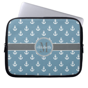 Capa Para Notebook Cinza Azul, Anchor Branco de Nave Monograma