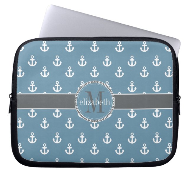 Capa Para Notebook Cinza Azul, Anchor Branco de Nave Monograma (Frente)