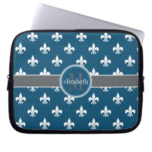 Capa Para Notebook Cinza Azul Flor Branco de Lis Monograma