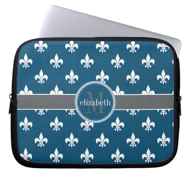 Capa Para Notebook Cinza Azul Flor Branco de Lis Monograma (Frente)