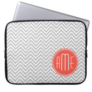 Capa Para Notebook Cinza Chevron e Coral Monograma Personalizado