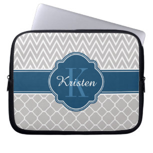 Capa Para Notebook Cinza Chevron Quatrefoil Padrão Monograma Azul
