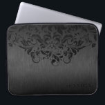 Capa Para Notebook Cinza Floral Preta Fundo Metálico<br><div class="desc">Impressão de textura de alumínio escovado preto com rendas florais pretas. Monograma personalizado e opcional.</div>