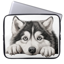CAPA PARA NOTEBOOK CINZA FLUFFY E CÃO MALAMUTE BRANCO DE ALASKAN