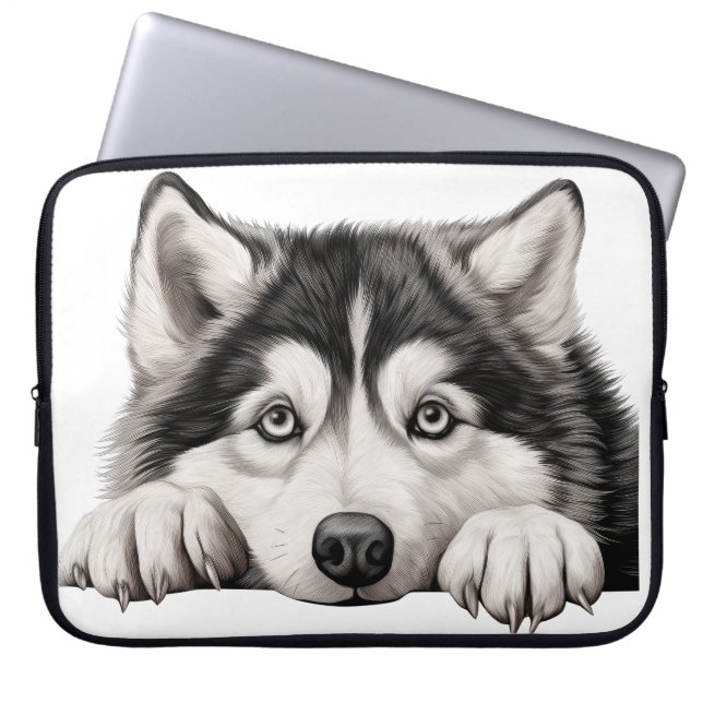 CAPA PARA NOTEBOOK CINZA FLUFFY E CÃO MALAMUTE BRANCO DE ALASKAN (Frente)