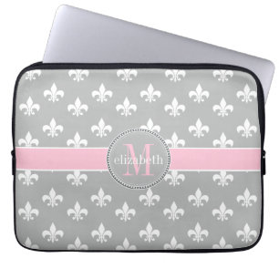 Capa Para Notebook Cinza Pink Fleur de Lis Monogramo