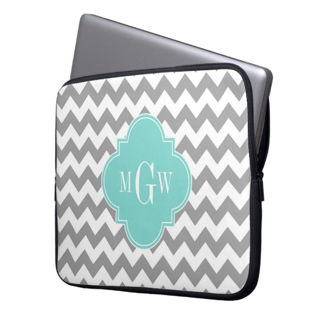 Capa Para Notebook Cinza Whevron Aqua Turq Quatrefoil 3 Monograma (Frente Esquerda)