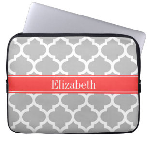 Capa Para Notebook Cinza White Marroquino #5 Coral Red Name Monograma
