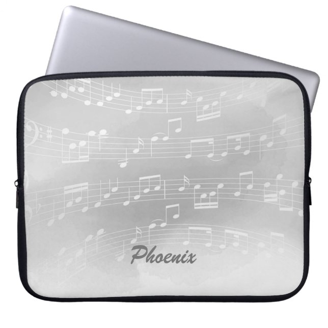 Capa Para Notebook Cinzas - White Music Notes e Monograma Personaliza (Frente)