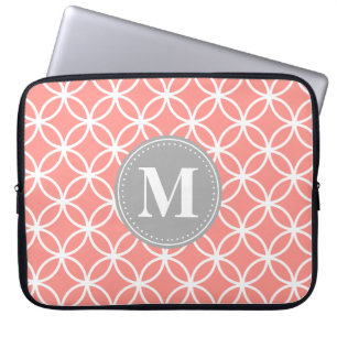 Capa Para Notebook Círculos Modernos Cor-de-Rosa Coral Cinza Monogram
