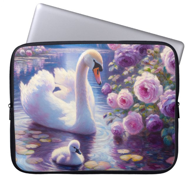 Capa Para Notebook Cisne branco e Cygnet com Rosas roxos (Frente)