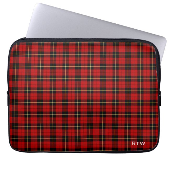 Capa Para Notebook Clan Wallace Tartan Red e Black Xadrez Monograma (Frente)