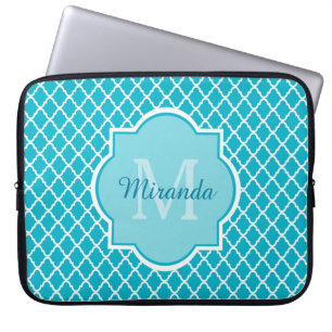 Capa Para Notebook Clássica Turquesa Azul Quatrefoil Monograma e Nome