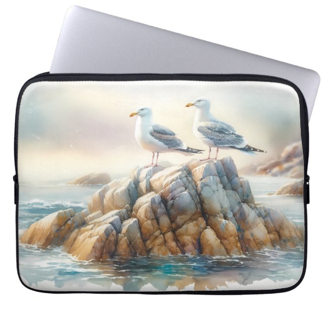 Capa Para Notebook Coastal Seagulls Watercolor Seascape (Frente)