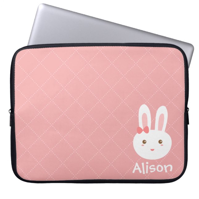 Capa Para Notebook Coelho Fofo em Pontos Rosa e Padrão Quadrado (Frente)