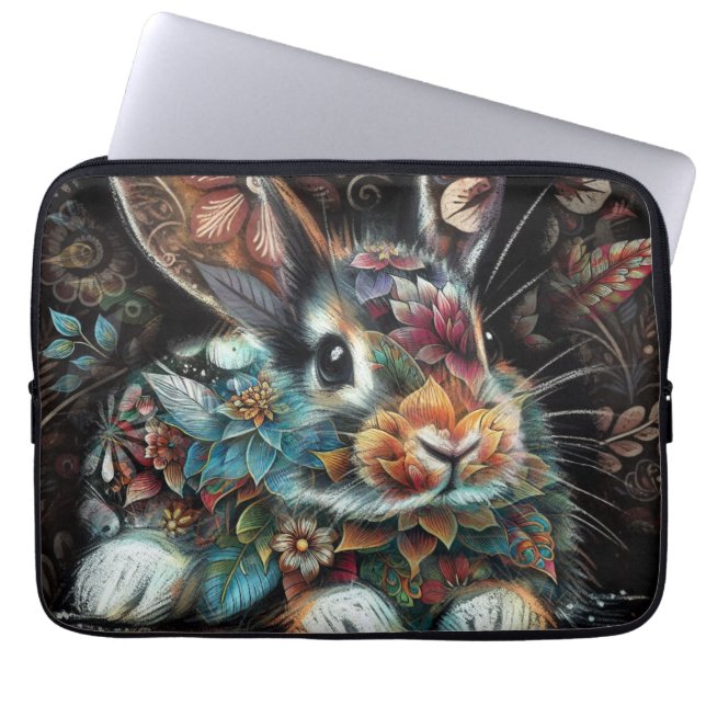 Capa Para Notebook Coelho Whimsso Rabbit Floral Abstrato Teal Brown (Frente)
