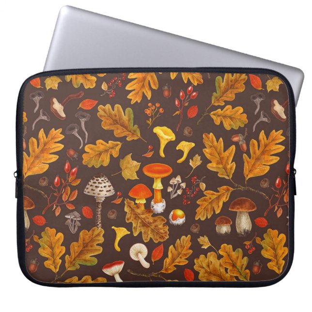 Capa Para Notebook Cogumelos florestais e flora do outono em castanho (Frente)
