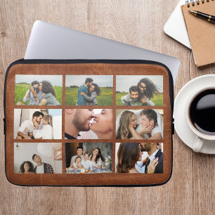 Capa Para Notebook Colagem de 9 Fotos Personalizada em Couro Marrom M