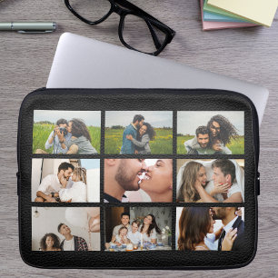 Capa Para Notebook Colagem de 9 Fotos Personalizadas em Couro Preto M