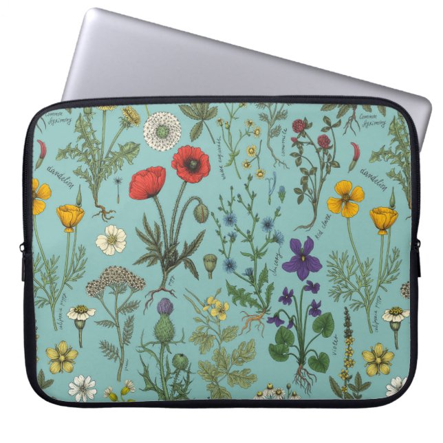 Capa Para Notebook Colagem de flores silvestres em azul (Frente)
